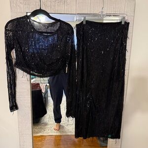 Lulu's Shimmering Black Fringe Skirt Set